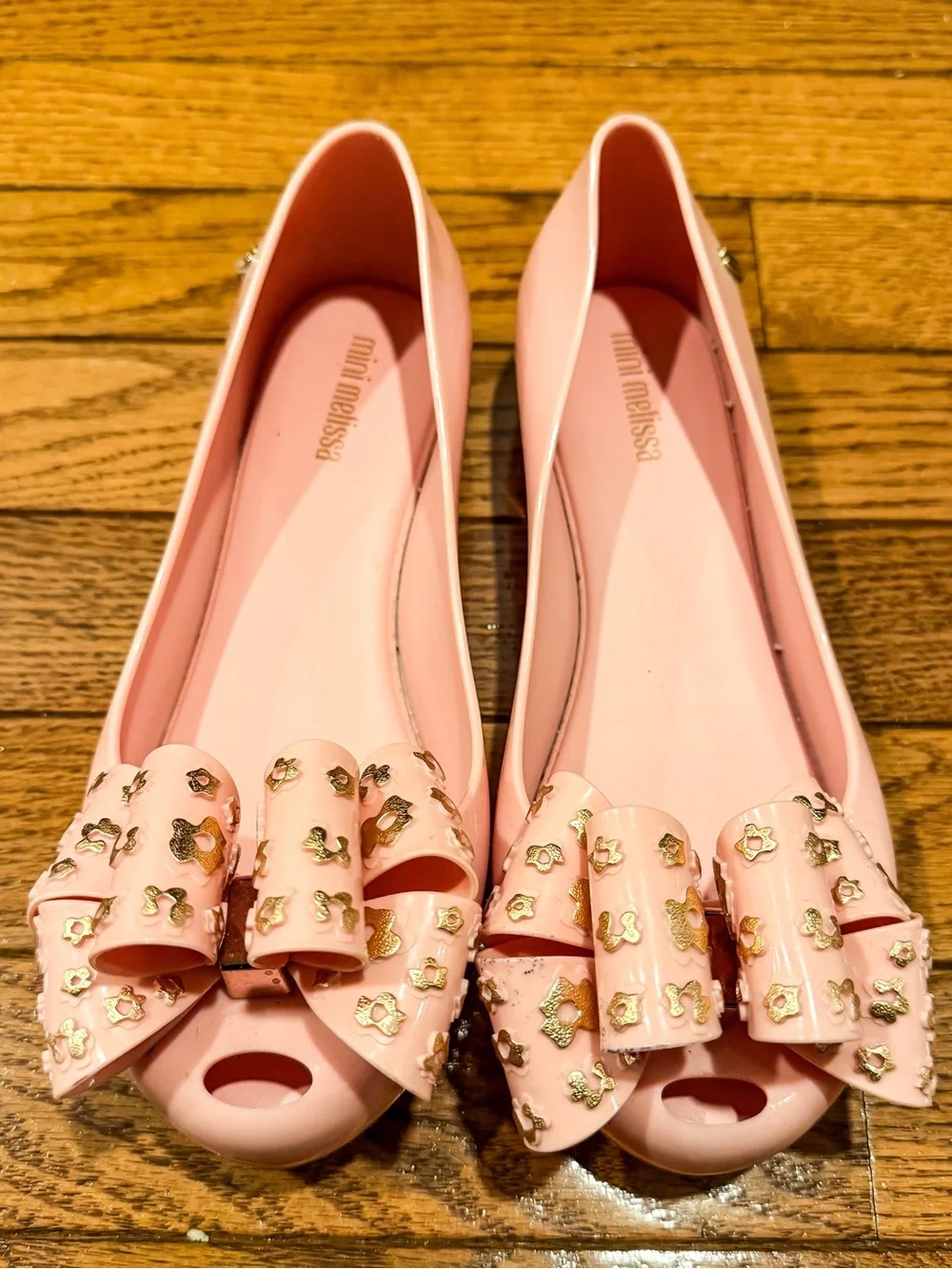 Mini Melissa Pink Bow Jelly Flats with Gold Accents